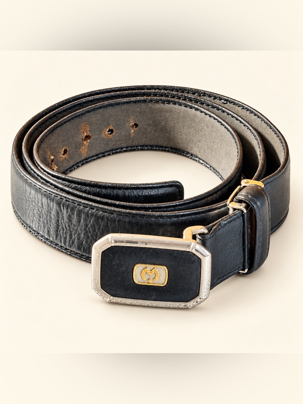 Men's Black Pebbled Leather Belt Silver Gold Logo Plate Buckle Size 34
